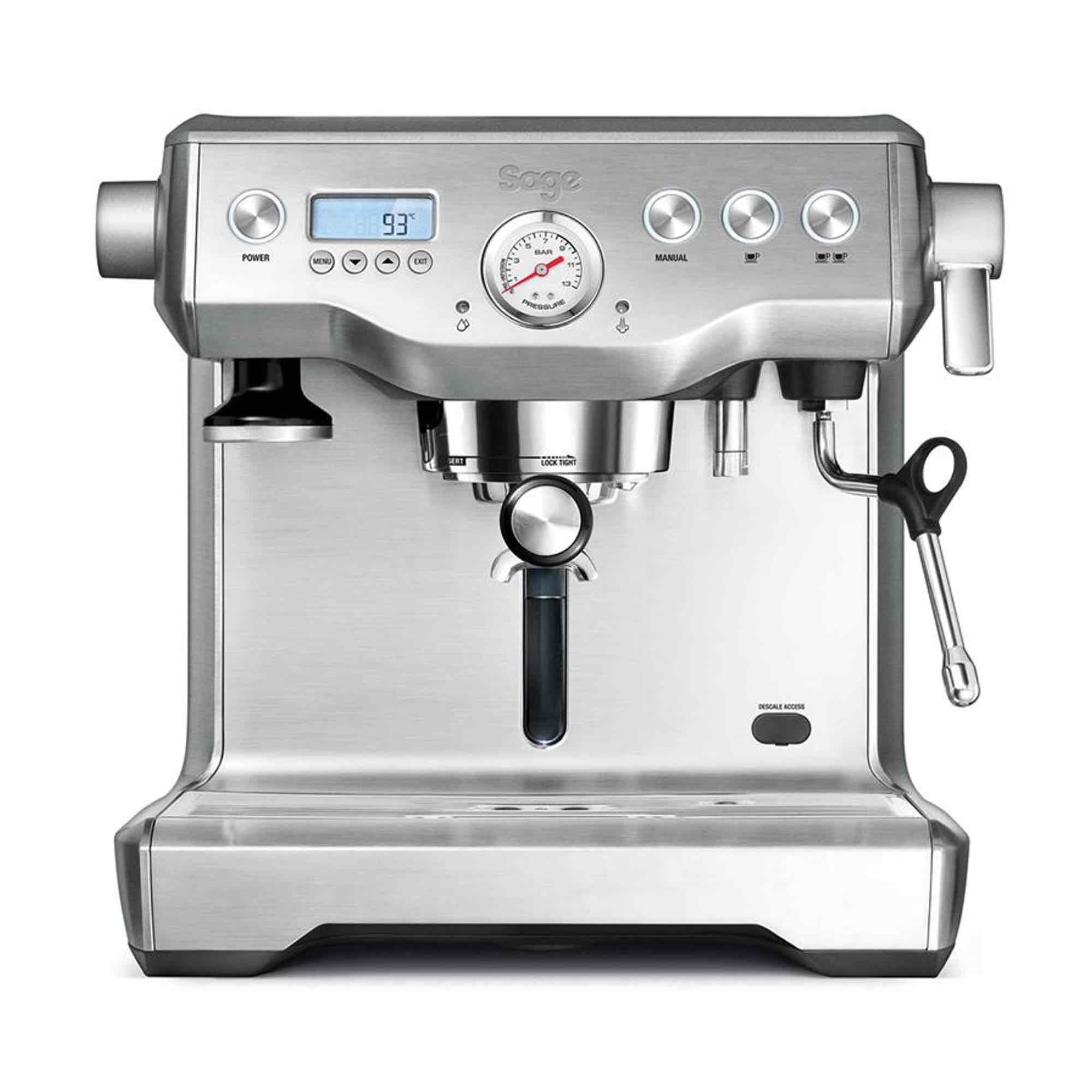 Sage Dual Boiler espresso machine in brushed silver with dual boilers for powerful home barista performance.
